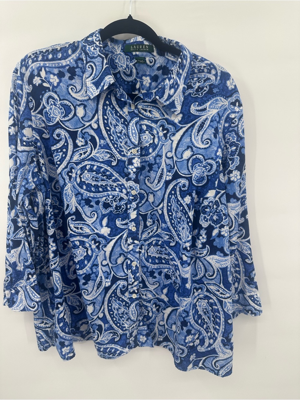 Lauren Ralph Lauren Womens 2X Blue Paisley Boho Cotton Button Front Shirt 1335 - Picture 2 of 8